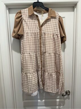 Beige Gingham Tiered Midi Dress with Puff Sleeves